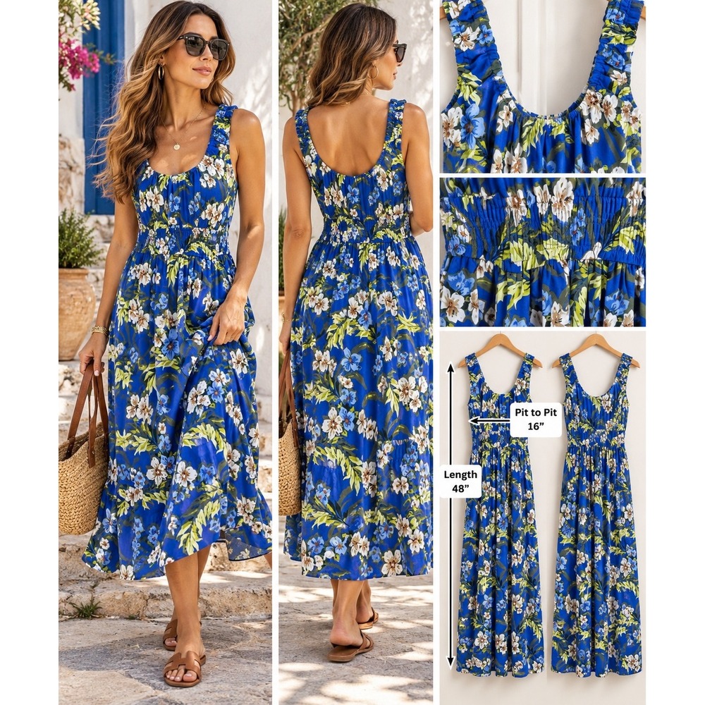 Lands' End L 14-16 Blue Floral Maxi Dress Smocked Coastal Resort Cottagecore